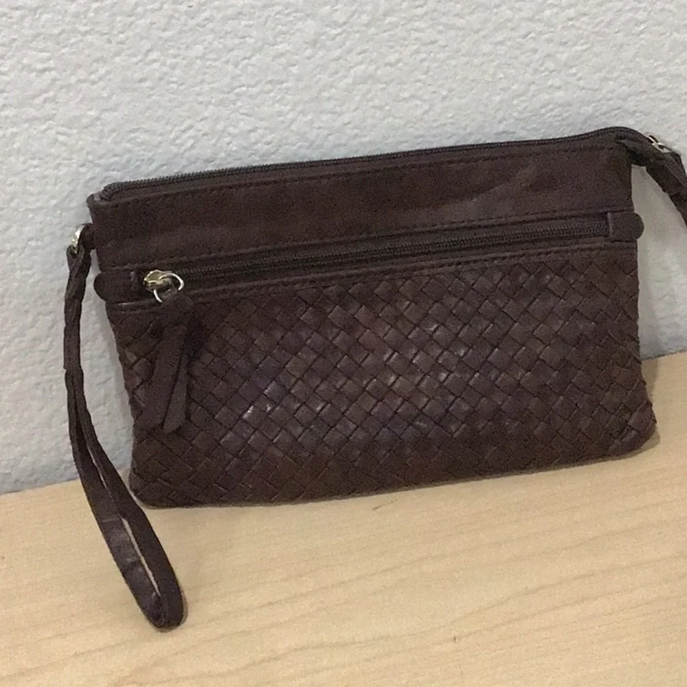 Margot Brown Woven Leather Clutch Wristlet Bag